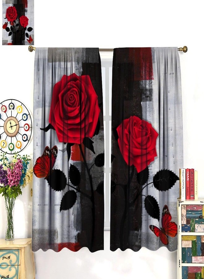 JanJCurt ستائر JanJCurt Red Rose Butterflys، لوحة فنية تجريدية حديثة باللون الأسود والرمادي والأحمر، ستائر نوافذ عتيقة الطراز لغرفة المعيشة وغرفة نوم الفتيات، مقاس 42 × 45 بوصة (بدون تعتيم) - Image 3